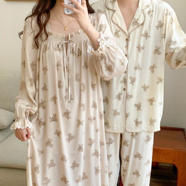 パジャマ レディース ガールズ 長袖 チュニック 部屋着 ルームウェア 寝巻き ポリエステル かわいい クマ柄 プリント 通気性 秋