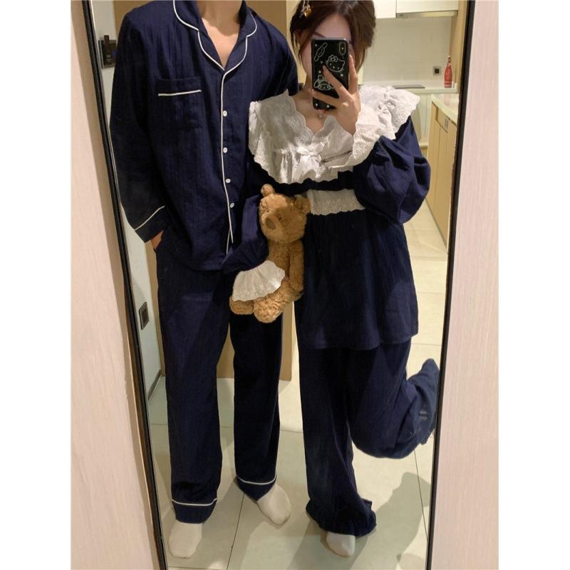 パジャマ レディース 春秋 ルームウェア 上下セット 綿混紡 長袖 長ズボン Vネック レース 切り替え 甜美 かわいい 夫婦 ペアルック 部屋着 リラックス ウェア ブルー 4,674円