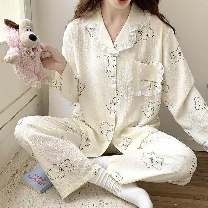 パジャマ レディース 綿 長袖 上下セット かわいい 襟付き ルームウェア 秋冬 薄手 部屋着 寝間着 セットアップ