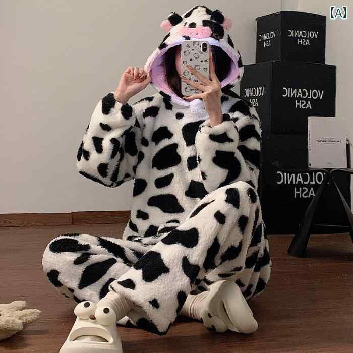 パジャマ レディース 秋冬用 厚手 フランネル あったか かわいい 牛柄 ルームウェア 上下セット 長袖 部屋着 S M L XL 927