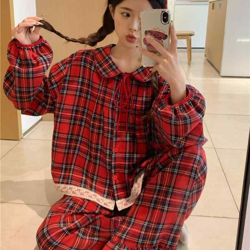 パジャマ レディース 韓国風 かわいい ドールカラー ゆったり 秋冬 暖か クリスマス チェック柄 長袖 長ズボン 上下セット ルームウェア 部屋着 綿混紡