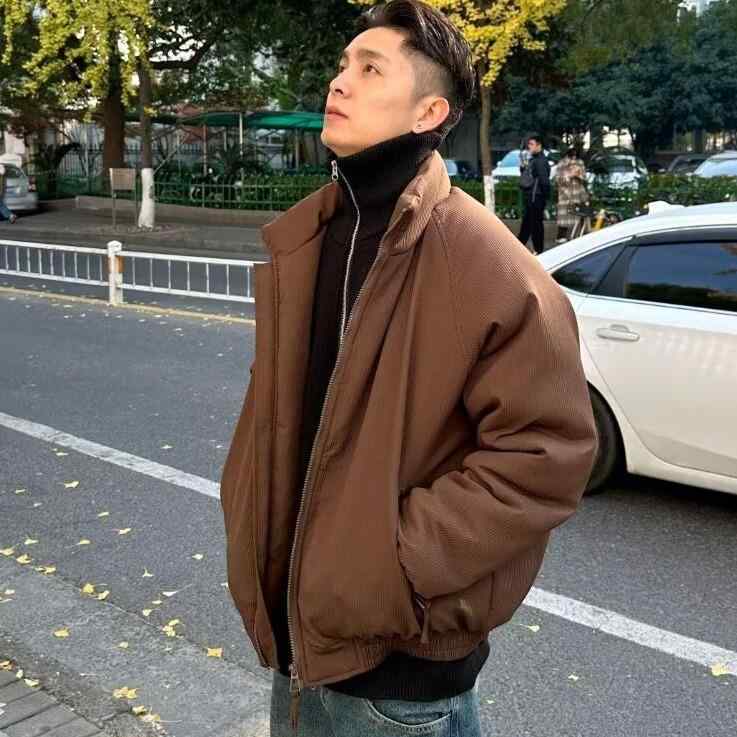 綿入りジャケット 男性用 秋冬用 防寒 厚手 立襟 コットン アウター 普段使い 部屋着 カフェ系 ブラック系