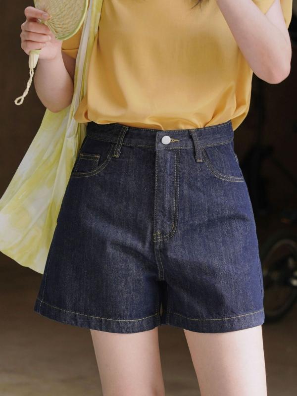 レディース デニム ショートパンツ 高腰 ワイドレッグ ヴィンテージ加工 切り替え 薄手 綿素材 95% 以上 ゆったり シルエット スリム効果 夏 春夏 セイジブルー 膝上丈 Aライン 普段使い 軽量 カジュアルスタイル