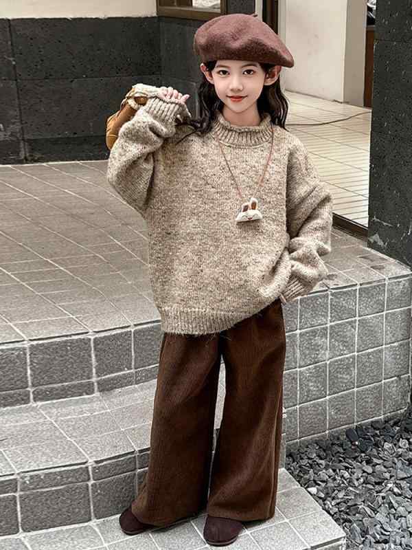 ニット セーター ガールズ 子供 秋冬 高学年 厚手 ニットウェア トップス 長袖 無地 通学 普段使い 韓国風 かわいい 杏色 カーキ色