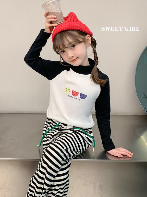 キッズ 長袖Tシャツ 秋冬 韓国風 切り替え クマ柄 ミドルネック カットソー 子供服 ガールズ トップス かわいい 普段着 保温 綿95% 110cm 120cm 130cm 140cm 150cm 160cm