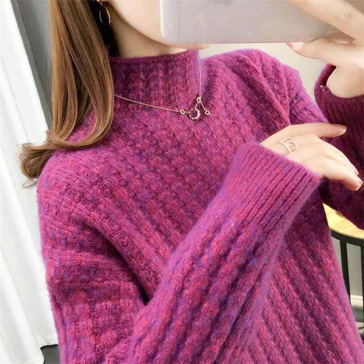 ニット レディース 秋冬 厚手 ゆったり プルオーバー トップス ハーフネック セーター 婦人服 長袖 カットソー 日韓スタイル カジュアル 紫色 米白 ブルー ピンク系 ?羊?