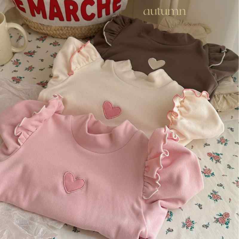 Tシャツ 女児 キッズ 秋冬 長袖 パフスリーブ モックネック ハート柄 プリンセス トップス カットソー 韓国風 かわいい 保温 ピンク系 アイボリー コーヒー色