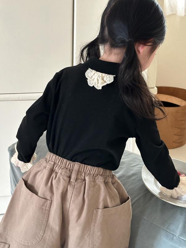 キッズ 女の子 カットソー 秋冬 長袖 花柄 レース 襟付き インナー シャツ 再生繊維 あったか素材 90cm 100cm 110cm 120cm 130cm 140cm 150cm