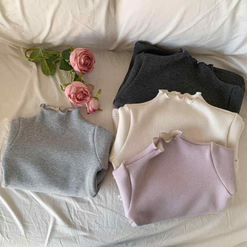 子供服 カットソー 女児 厚手 波状エッジ 長袖トップス ベビー 半高ネック 綿 95% 冬 グレー 紫 ベージュ 80 90 100 110 120 130 140cm かわいい 韓国風 普段使い