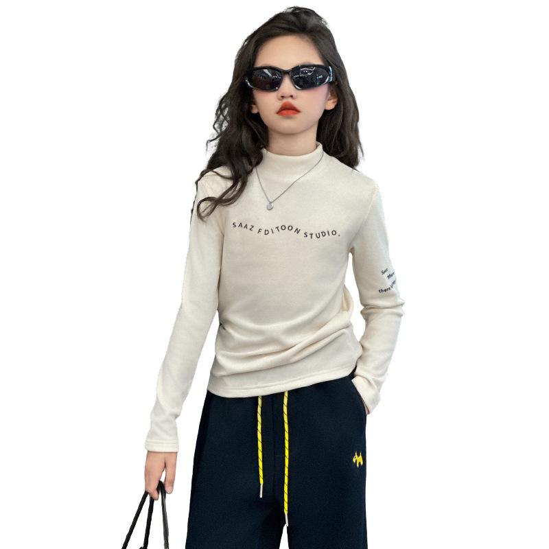 Tシャツ キッズ 女の子 秋冬 長袖 カットソー ベルベット風 ハイネック スリムフィット インナー トップス 普段使い