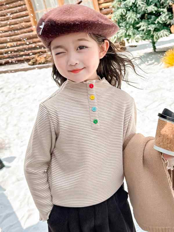 Tシャツ 女児 キッズ 冬服 裏起毛 暖かい 長袖 秋冬 ハーフハイネック トップス ポリエステル ピンク イエロー グレー