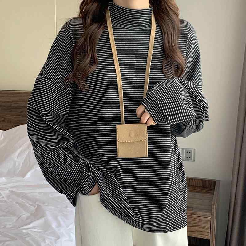 Tシャツ レディース 早秋 ボーダー柄 ハーフハイネック 長袖 カットソー 2023 秋 新作 ゆったり 韓国風 シンプル インナー トップス 綿 95%以上 快適 普段使い