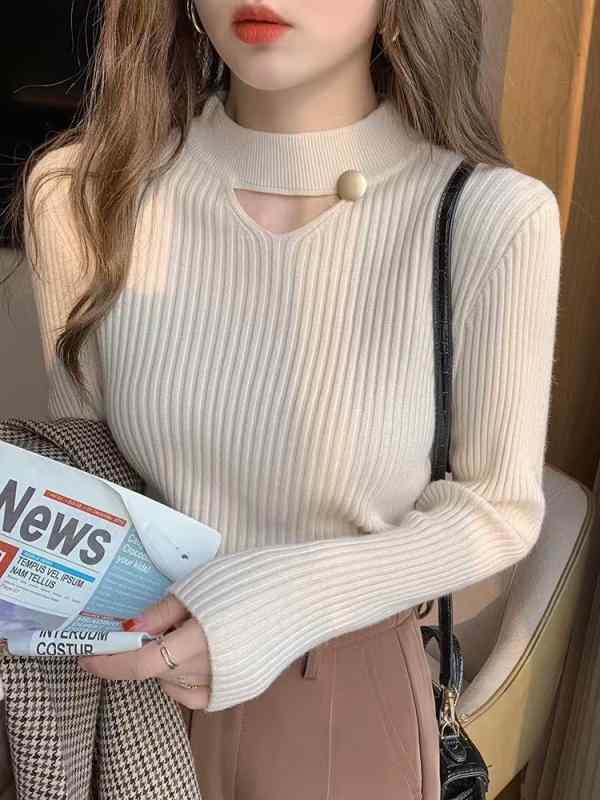 ニット レディース 春秋冬 韓国風 少女 長袖 セーター トップス スリムフィット ポリエステル ミドルネック 接触冷感 白 黒 赤