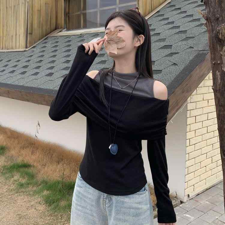 Tシャツ レディース 秋冬 長袖 配色 切り替え アシンメトリー デザイン トップス スリムフィット ハイネック 普段使い 韓国ファッション ブラック