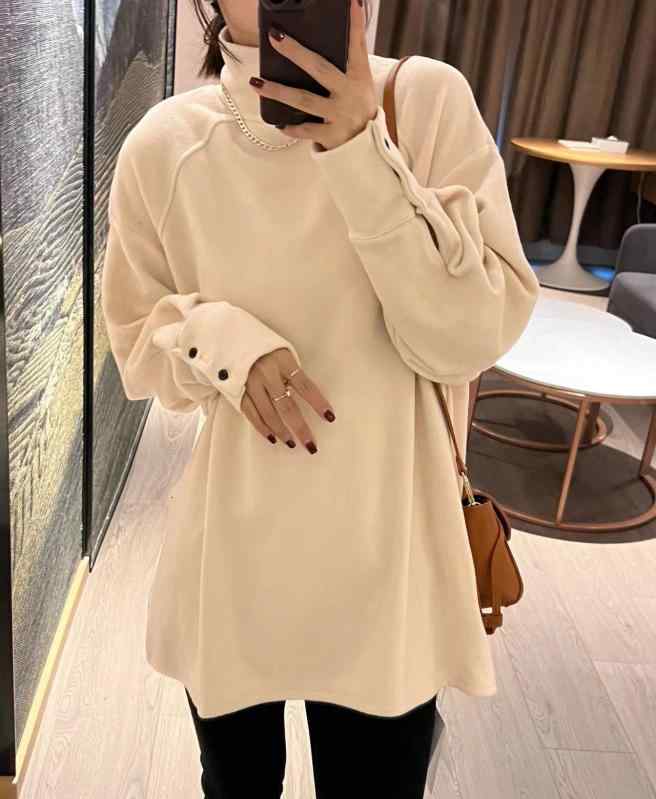 Tシャツ レディース 秋冬 長袖 カットソー チュニック ゆったり 磨毛 暖かい 半高襟 トップス 韓国風 カジュアル 普段使い 部屋着 ポリエステル 杏色 咸菜緑 ブラック