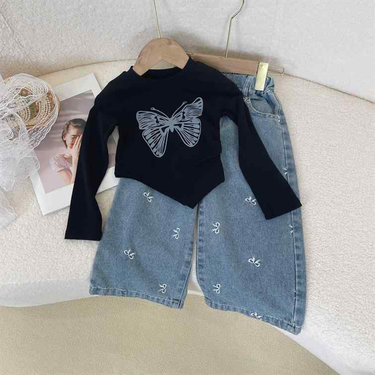 キッズ ガールズ 長袖Tシャツ デニムパンツ 上下2点セット 蝶結び 春秋 薄手 普段着 通園 通学 ポリエステル