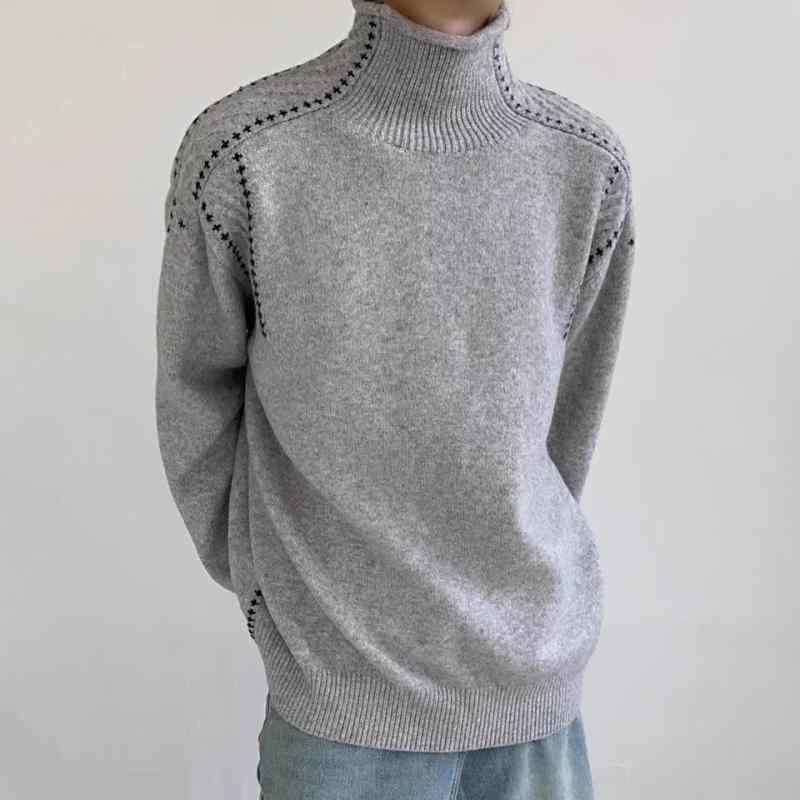 ニット メンズ 男性用 高品質 高見え セーター タートルネック 長袖 切り替え 秋冬 プルオーバー 部屋着 ルームウェア 普段使い デート 韓国風 灰色