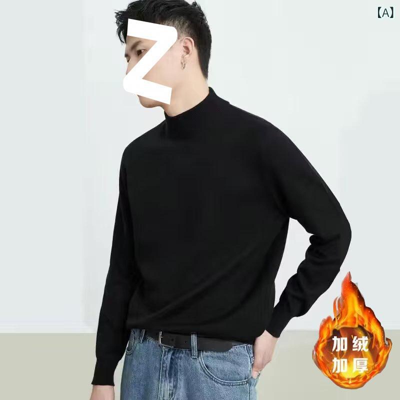 ニット メンズ ニットトップス 秋冬 韓国風 ゆったり あったか 防寒 インナー プルオーバー 黒 白 ベージュ キャメル ライトグレー