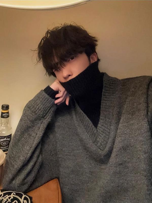 ニット メンズ フェイクレイヤード ハイネック トップス 韓国風 ストリート カジュアル 防寒 普段使い 長袖 黒 グレー 秋冬