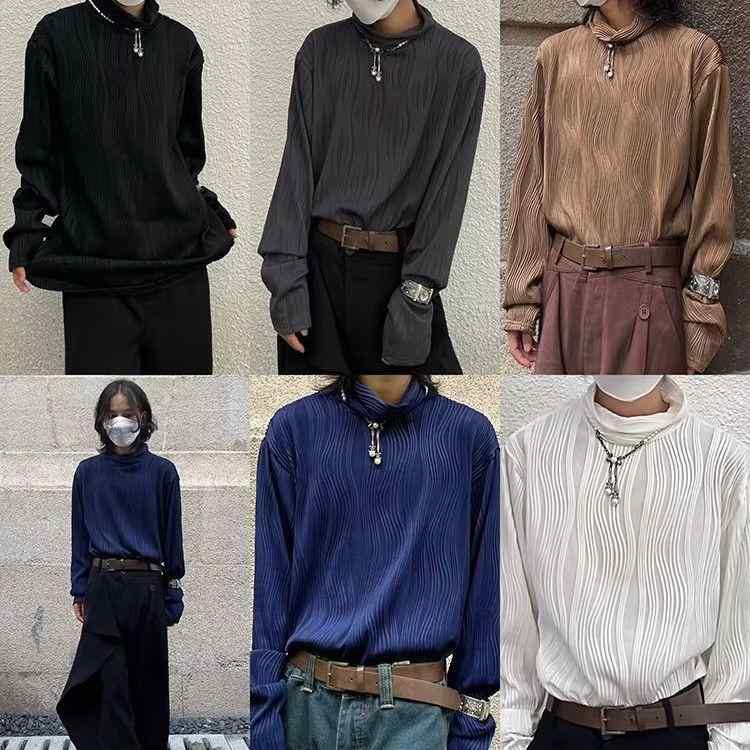 Tシャツ 男性用 カットソー 長袖 高襟 プリーツ 無地 ゆったり ドレープ感 韓国風 黒 白 青 グレー コーヒー色
