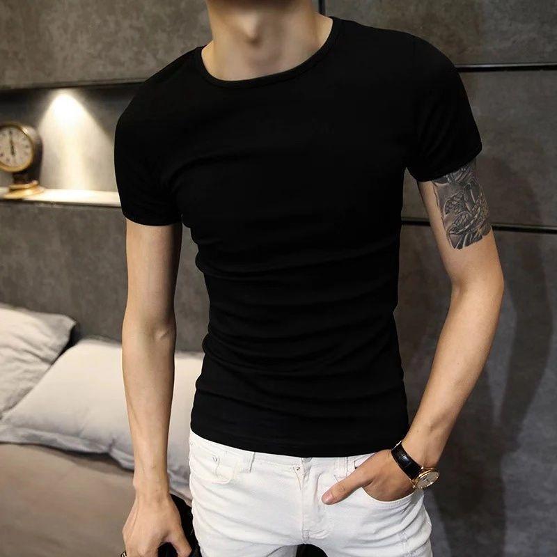 Tシャツ 男性用 半袖 スリムフィット 無地 丸首 インナーシャツ 黒 白 赤 青 緑 オレンジ コーヒー色 深緑 グレー 綿100% カットソー トップス 普段使い