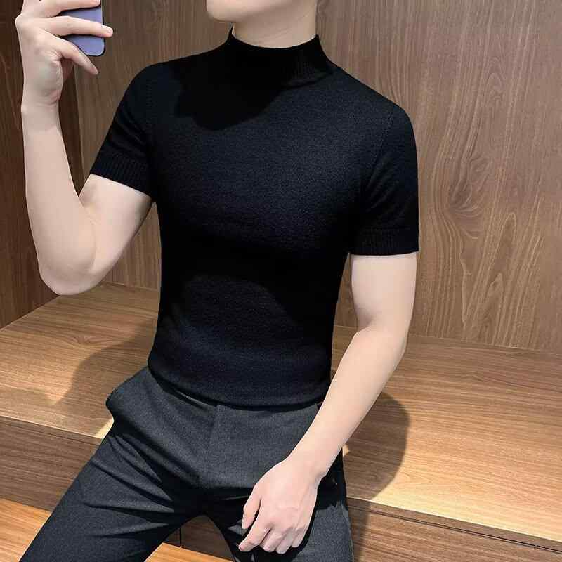 Tシャツ メンズ ニット トップス 春秋 薄手 ハーフハイネック カットソー インナー ポリエステル 無地 カジュアル
