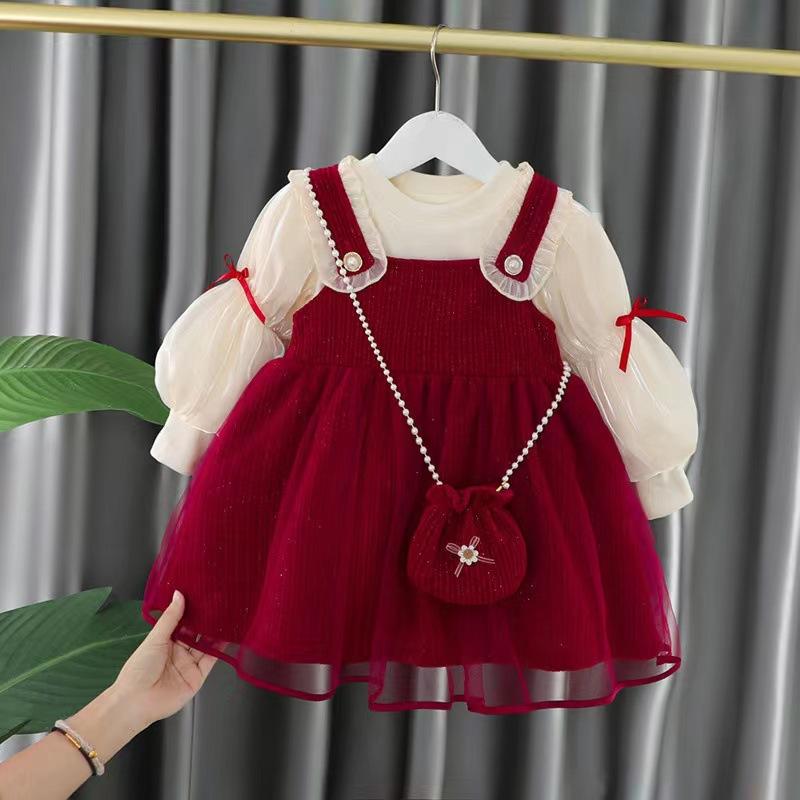 子供用セットアップ ワンピース 女の赤ちゃん 泡袖 サスペンダースカート バッグ付き 2点セット 秋冬 赤 ピンク 無地 綿