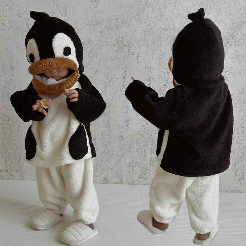 子供服 秋冬 ペンギン柄 フリース セットアップ 男の子 女の子 長袖 長ズボン 上下セット 部屋着 寝巻 かわいい 暖かい 厚手