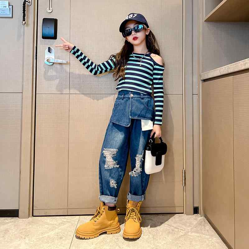 子供服 女の子 秋物 パンツセット ストライプ デニム 2点セット 140cm 150cm 160cm かわいい 薄手 長袖 長ズボン ガールズ 上下セット
