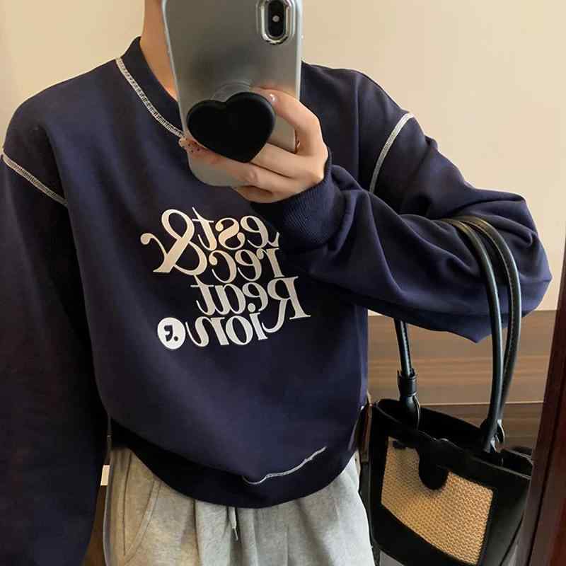 汗水 レディース 年月 長袖 ラウンドのど首 ティーシャツ トップス カットソー 綿 ゆったり 韓国流行り物 3D 立体柄 紺 薄墨色 青色