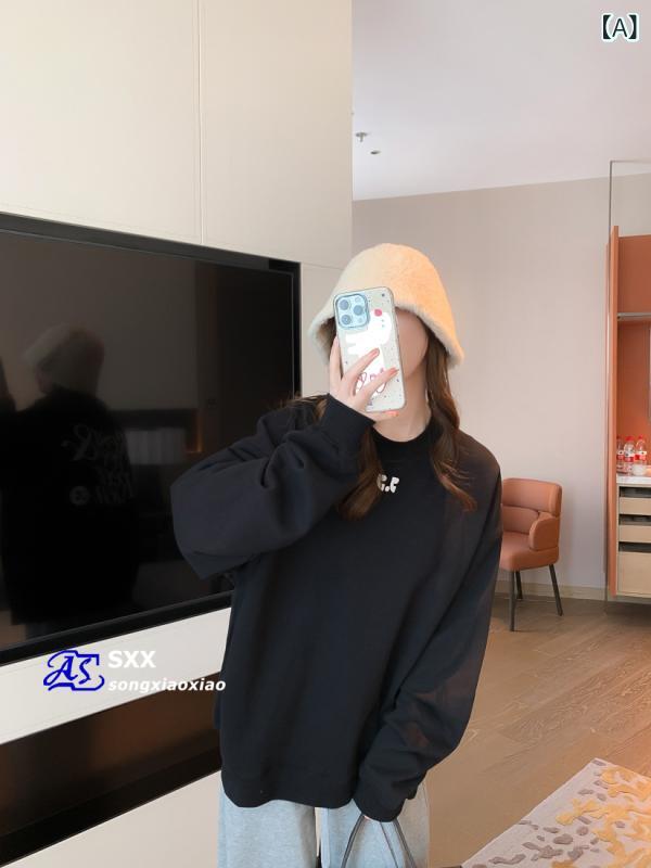 調教師 レディース 韓国風 ゆったり 汗水 ティーシャツ トップス 長袖 ラウンドのど首 ロゴタイプ刷り上げる 愛くるしげ 心地よい 日韓表現スタイル 秋冬 綿 黒いこと 青色