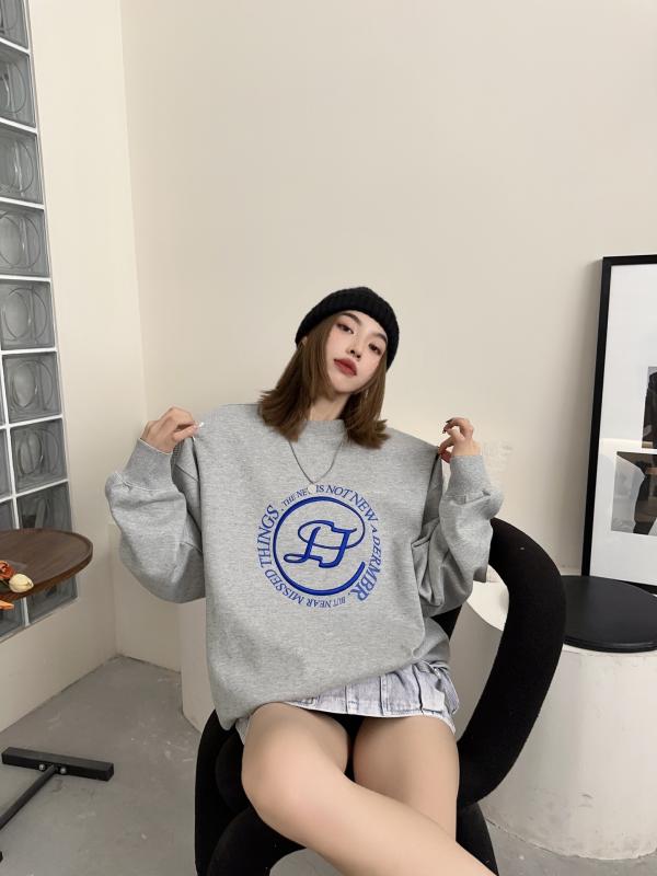 トレーナー レディース 韓国風 ゆったり スウェット トップス 長袖 ラウンドネック カットソー 綿 カジュアル スタイル かわいい 刺繍 普段使い 部屋着 春秋 グレー ブラック系