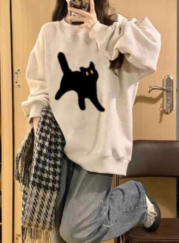 パーカー レディース 春秋 薄手 ゆったり カジュアル かわいい 猫柄 プリント ラウンドネック 長袖 トップス ミドル丈 普段使い 部屋着 綿混紡 浅灰色 杏色 紫色 ピンク系