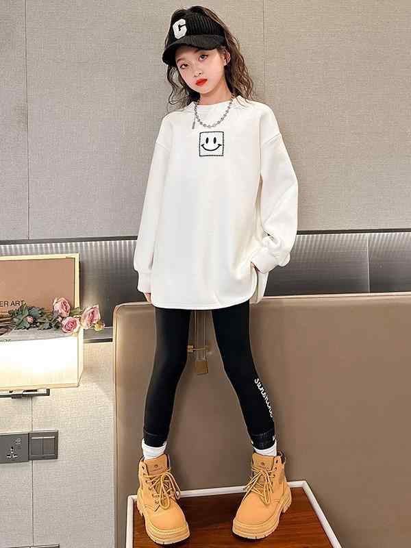 子供服 トレーナー ガールズ 裏起毛 トップス ロング丈 カットソー 白 黒 韓国風 カジュアル 秋冬 普段使い 長袖 8歳 9歳 10歳 11歳 12歳 13歳 14歳