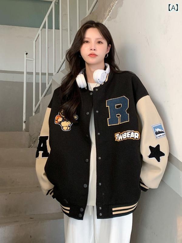 スタジアムジャンパー レディース 秋冬 韓国風 ゆったり スウェット トレーナー ジャケット トップス 野球 厚手 ブラック 黒 アイボリー 長袖 3D アニメ キャラクター かわいい 普段使い 通勤 通学 ポリエステル