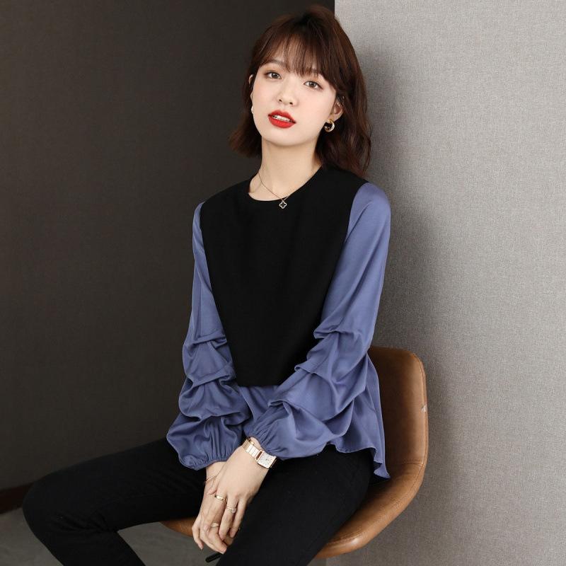 トレーナー レディース 長袖 プルオーバー ゆったり ギャザー 切り替え ドッキング トップス 韓国風 おしゃれ かわいい ブルー ホワイト イエロー カーキ グリーン 普段使い 通勤 S M L XL 2XL 3XL 4XL 5XL