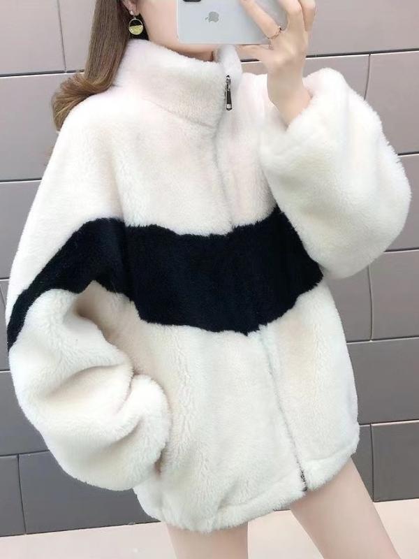 スウェット レディース 秋冬 韓国風 ゆったり 厚手 フェイク ムートン フリース スタンドカラー 配色 ジップアップ カーディガン トップス 部屋着 普段使い 長袖 黒 白 M L XL XXL XXXL