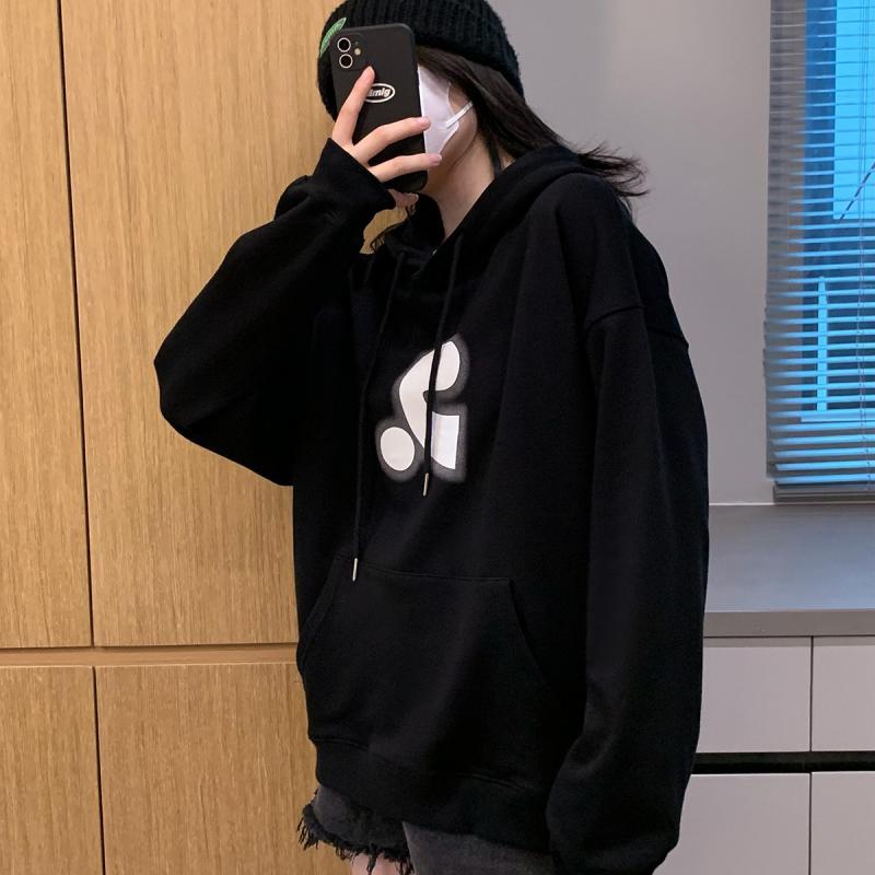 パーカー レディース 韓国風 日韓カジュアル プルオーバー トップス 長袖 フード付き ゆったり 綿 プリント グレー