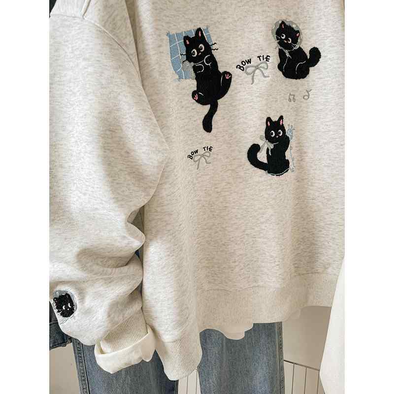 パーカー レディース 韓国風 猫 刺繍 トレーナー 秋冬 裏起毛 トップス ゆったり 大きめサイズ 長袖 ラウンドネック かわいい カジュアル スポーティー 白 灰色