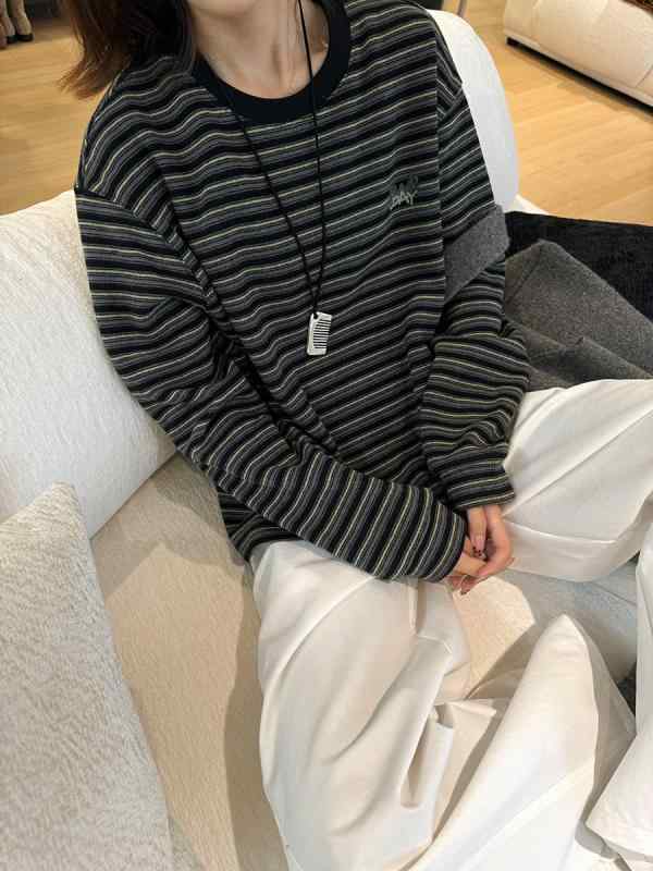 トレーナー レディース 秋冬 韓国風 ゆったり カットソー 長袖 プルオーバー 裏起毛 ストライプ 日韓カジュアル トップス 極品綿 かわいい 刺・墸 紺色 接触冷感