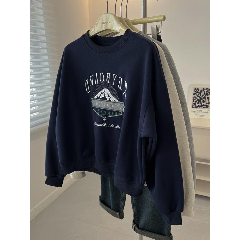 スウェット レディース ゆったり 刺繍 ロゴ入り トレーナー プルオーバー 雪山柄 深青色 浅米グレー 中麻グレー ワンサイズ 春秋 御姐風