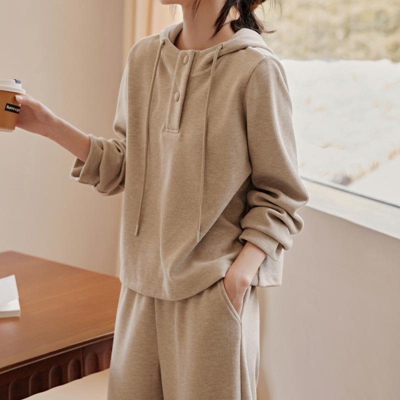 セットアップ レディース 秋冬 韓国風 垂れ感 イージーパンツ パーカー 上下セット 米?色 S M L XL 2XL リラックス ウェア ルームウェア 部屋着 ワンマイルウェア