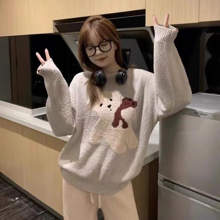 パジャマ レディース かわいい 小熊柄 ルームウェア 冬用 あったか 厚手 寝巻き 長袖 長ズボン 上下セット 部屋着 珊瑚フリース ラウンドネック プリント M L XL XXL ブラウン オフホワイト