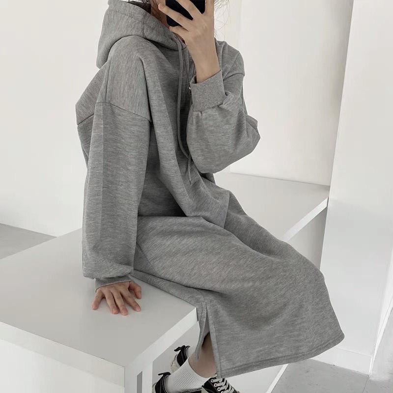ワンピース レディース パーカー 秋冬 長袖 膝丈 裏起毛 ゆったり Aライン チュニック かわいい 普段使い 韓国ファッション 部屋着 ルームウェア ポリエステル 伸縮性 ストレッチ