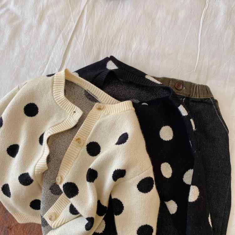 子供服 ニットカーディガン 春秋 男女兼用 ベビー服 ドット柄 長袖 丸首 コットン混紡 韓国風 普段着 羽織り かわいい