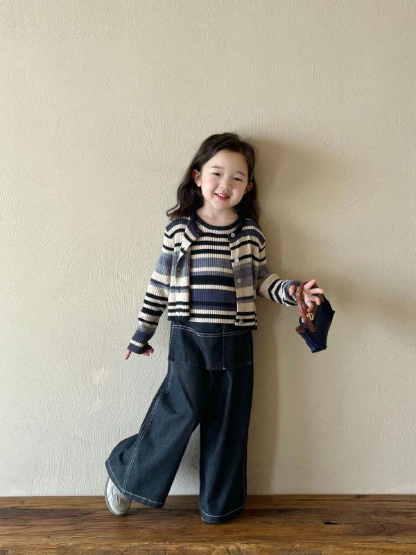 子供服 女の子 ニット カーディガン + ベスト セット 春秋 韓国風 ストライプ 伸縮性 普段使い 通園 通学