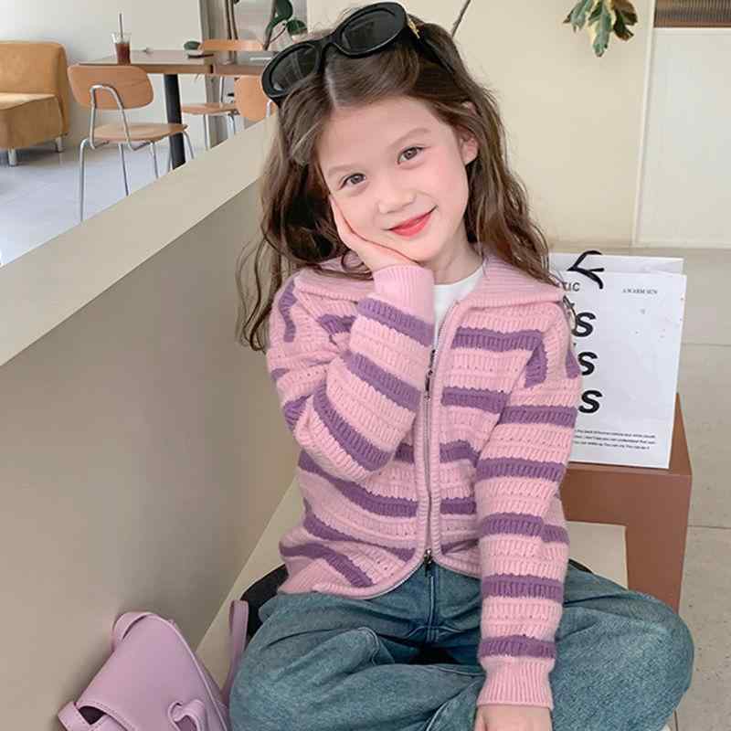 子供用ニット 子供服 女の子 長袖セーター ストライプ柄 ジップアップ カーディガン アウター 厚手 秋冬 ミドル丈 通園 通学