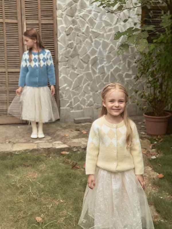 ニット・セーター ガールズ 春物 韓国風 子供服 アーガイル 長袖 丸首 普段着 通園 通学 天使 水色系 オフホワイト