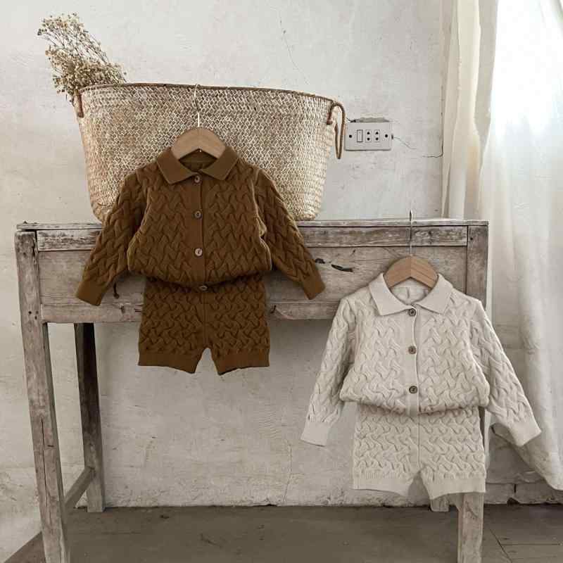 ニット ベビー・キッズ 中性 麻花柄 カーディガン & パンツ セットアップ 秋冬 柔らかいコットン 幼児 子供服 長袖 無地 杏色 棕色