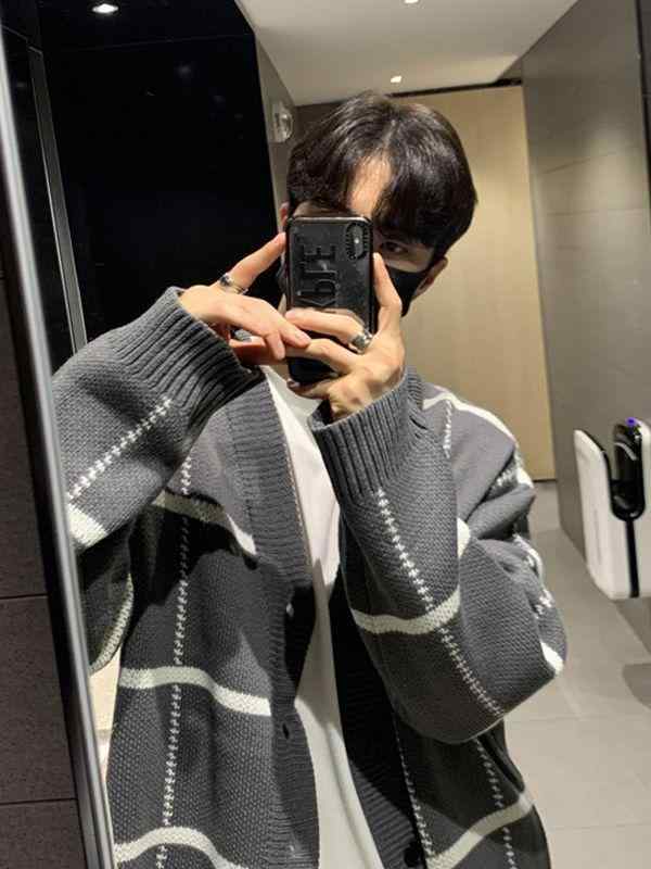 ニット カーディガン メンズ Vネック チェック柄 セーター トップス 長袖 灰色 春秋 カジュアル ゆったり 男性用 10代 20代